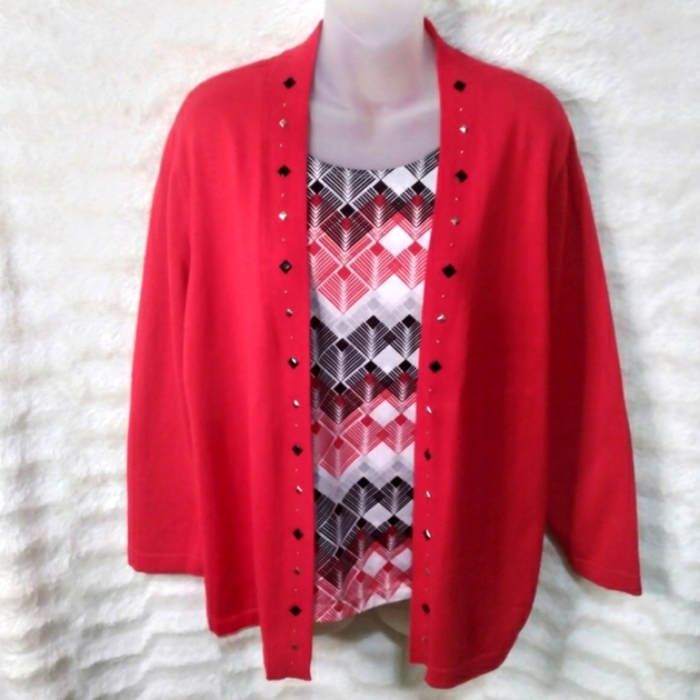 ♥️ ALFRED DUNNER Two for One SWEATER Sz M Red Black White Cardigan Top Gem's